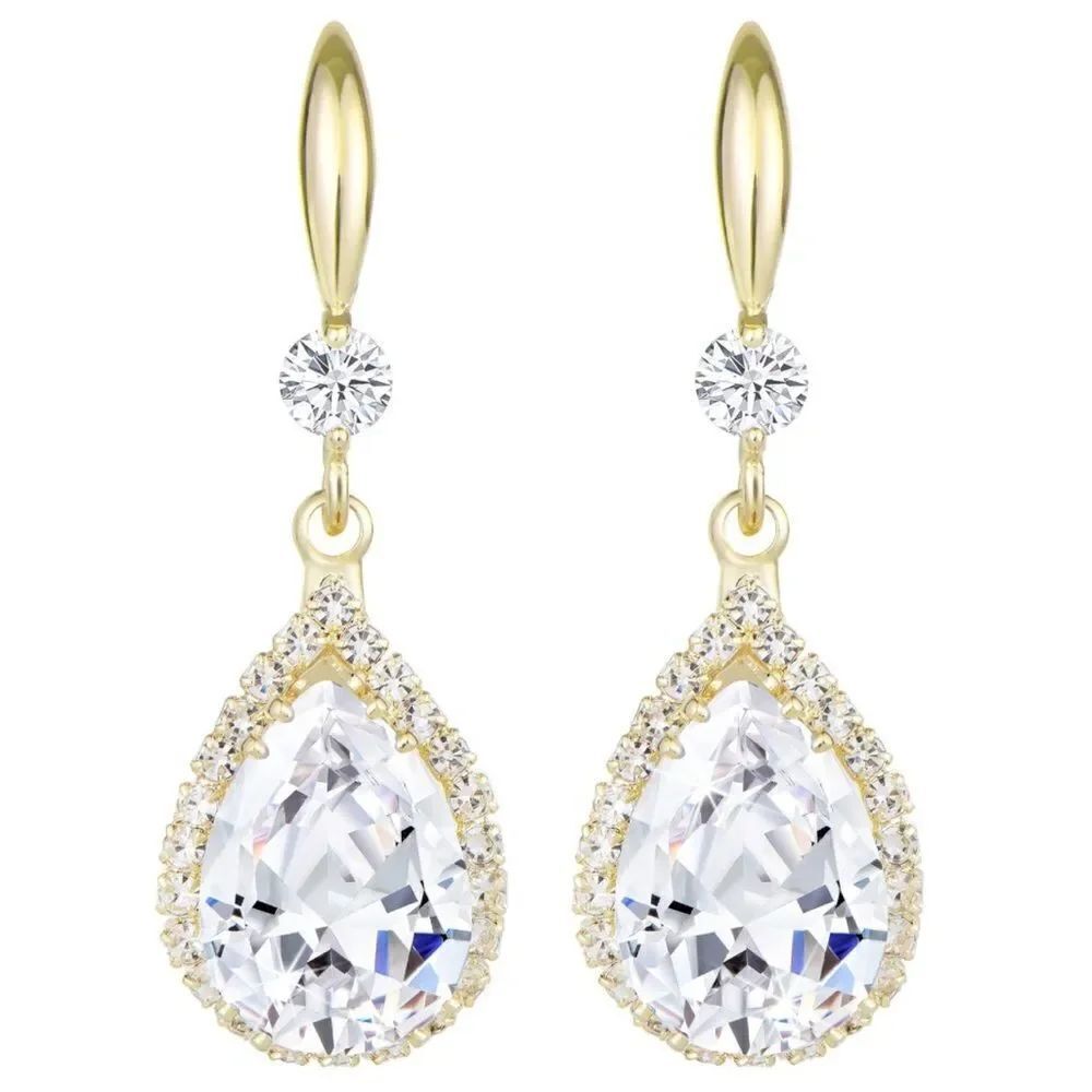14K Yellow Gold with White Diamond Cubic Zirconia Teardrop Hook Dangle Earrings